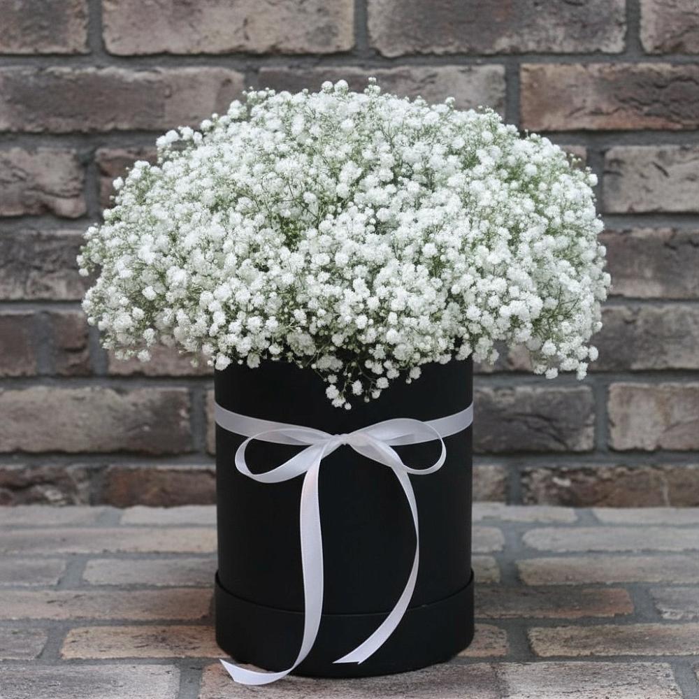 Цветочная композиция из Гипсофила в шляпной коробке в Александровке Подольского района